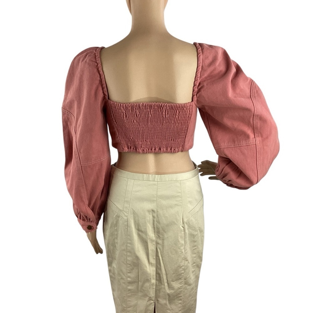 Free People Marley Denim Top Rose Smoke Pink Puff Sleeve Size 4 - Picture 5 of 7